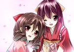  :d ;d brown_hair drill_hair harukaze_(kantai_collection) holding_hands japanese_clothes kamikaze_(kantai_collection) kantai_collection kimono long_hair meiji_schoolgirl_uniform multiple_girls one_eye_closed open_mouth purple_eyes purple_hair red_eyes senomoto_hisashi smile tasuki twin_drills 