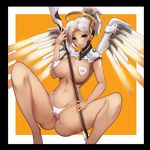  3: bad_id bad_pixiv_id black_border blush border breasts cameltoe covered_nipples heart heart_pasties high_ponytail highleg highleg_panties large_breasts looking_at_viewer mechanical_halo mechanical_wings mercy_(overwatch) notte overwatch panties pasties purple_eyes short_hair solo spread_legs staff thighs underwear white_hair white_panties wings yellow_wings 