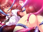  ass brown_hair censored collarbone female game_cg itobe_ririka jk_miko_hime_ishukan_jutai looking_at_viewer open_mouth orange_eyes pussy rape restrained school_uniform serafuku short_sleeves solo sweat tears tentacle tongue zion_(company) 