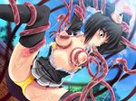  arms_up black_hair black_skirt black_thighhighs blush breast_grab breasts character_request collarbone constricted_pupils cum cum_in_mouth female long_sleeves nipple_pull nipples panties parthenon_(company) pleated_skirt red_eyes restrained saliva seishokusha short_hair skirt solo spread_legs suspension tentacle tentaclejob thighhighs torn_clothes wet yellow_panties zettai_ryouiki 