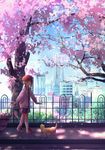  :o beret brown_hair building cat cherry_blossoms city dappled_sunlight dress hat hood hood_down hoodie looking_down original park plaid plaid_dress railing road scenery sidelocks skyscraper solo suitcase sunlight surprised tabata_mihira tree walking yokohama_landmark_tower 