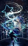  abstract_background alternate_costume aqua_eyes aqua_hair bai_qi-qsr black_legwear blurry boots bunny cape darj dark flashlight floating_hair gloves hatsune_miku headset highres keyboard_(computer) long_hair neck_ribbon pantyhose pleated_skirt ribbon skirt solo standing standing_on_one_leg star star_(sky) twintails very_long_hair vocaloid white_gloves 