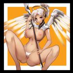  3: bad_id bad_pixiv_id black_border blush border breasts cameltoe high_ponytail highleg highleg_panties large_breasts looking_at_viewer mechanical_halo mechanical_wings mercy_(overwatch) nipples notte overwatch panties purple_eyes short_hair solo spread_legs staff thighs topless underwear white_hair white_panties wings yellow_wings 