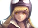  bangs blonde_hair closed_mouth eyelashes fur_trim goggles goggles_on_headwear helmet highres long_hair looking_at_viewer monogatari_(series) oshino_shinobu portrait shade simple_background smile solo swept_bangs white_background yellow_eyes zhangyushao 