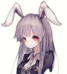  1girl absurdres animal_ears bangs blazer breasts bunny_ears buttons closed_mouth collared_shirt crescent crescent_moon_pin cropped_arms dress_shirt highres hito_komoru jacket long_hair looking_at_viewer medium_breasts purple_hair red_eyes reisen_udongein_inaba shirt simple_background solo touhou upper_body white_background wing_collar 