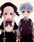  1girl 8ne_(nitika127) blue_eyes blue_hair bow bowtie braid dress fate/extra fate/extra_ccc fate_(series) hans_christian_andersen_(fate) holding_hands long_hair nursery_rhyme_(fate/extra) purple_eyes short_hair smile twin_braids vest 