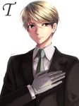  bangs black_jacket blonde_hair brown_eyes closed_mouth collared_shirt formal gloves green_neckwear grey_gloves hair_between_eyes hand_on_own_chest jacket long_sleeves looking_at_viewer looking_to_the_side milcho necktie red_lips sawamura_tetsuo shade shirt short_hair simple_background smile solo suit upper_body white_background white_shirt yuureitou 