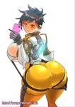  ass ass_support back bodysuit breasts brown_hair cellphone chromatic_aberration commentary english_commentary goggles highres huge_ass huge_breasts orange_bodysuit overwatch phone rebis self_shot short_hair smile solo tracer_(overwatch) 