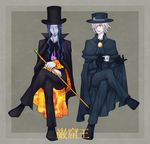  absurdres black_footwear black_gloves blue_hair cane cape cds06 count_of_monte_cristo creator_connection cup edmond_dantes_(fate/grand_order) facial_hair fate/grand_order fate_(series) fedora formal gankutsuou gloves goatee hair_over_one_eye hat highres invisible_chair multiple_boys namesake orange_eyes pointy_ears shoes sitting suit teacup top_hat wavy_hair white_hair yellow_eyes 