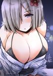  :o bare_shoulders bikini bikini_top black_bikini black_bikini_top blue_eyes blush breasts cleavage commentary_request flower hair_flower hair_ornament hair_over_one_eye hairclip hamakaze_(kantai_collection) huge_breasts japanese_clothes kantai_collection kimono large_breasts leaning_forward looking_at_viewer shinshin silver_hair solo swimsuit twitter_username 