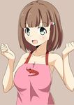  apron bare_shoulders blush breasts brown_hair cleavage green_eyes hai-furi high_school_fleet kinesaki_homare large_breasts looking_at_viewer open_mouth smile solo upper_body 