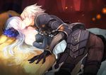  armor bed breasts cleavage corset dress elbow_gloves gin_(oyoyo) gwendolyn headdress kiss long_hair male odin_sphere oswald short_hair white_hair 