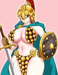  braid breasts brown_eyes cape cleavage female helmet huge_breasts large_breasts legs long_hair looking_at_viewer navel one_piece pink_hair rebecca_(one_piece) shield smile solo standing thick_thighs weapon wide_hips 
