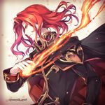  alvis_(fire_emblem) armor armored_dress black_cape black_shirt cape fire fire_emblem fire_emblem:_seisen_no_keifu long_sleeves male_focus red_eyes red_hair shirt shuri_yasuyuki solo tsurime twitter_username 