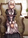  :&lt; apron aqua_eyes chair curtains highres horns indoors konkito looking_at_viewer maid maid_headdress original puffy_sleeves short_hair silver_hair sitting solo table window 