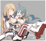  ahoge bare_shoulders blonde_hair blue_hair blush_stickers boots breasts cosplay elbow_gloves garter_straps gloves grey_background grey_eyes grey_hair hair_between_eyes hand_up hug iowa_(kantai_collection) iowa_(kantai_collection)_(cosplay) kantai_collection kiyoshimo_(kantai_collection) large_breasts long_hair looking_at_viewer low_twintails miniskirt mismatched_legwear multicolored_hair multiple_girls navel one_eye_closed open_mouth riz_(ravel_dc) sitting sitting_on_lap sitting_on_person skirt smile star star-shaped_pupils symbol-shaped_pupils thighhighs twintails zettai_ryouiki 