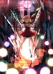  absurdres blonde_hair danmaku dress flandre_scarlet full_body glowing glowing_eyes hat hat_ribbon highres hizagawa_rau laevatein miniskirt mob_cap open_mouth puffy_short_sleeves puffy_sleeves red_dress red_eyes ribbon shirt short_sleeves side_ponytail skirt smile solo touhou wings 