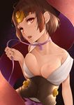  ahoge1 bad_id bad_pixiv_id bangs bare_shoulders breasts brown_hair choker collarbone corset eyebrows eyebrows_visible_through_hair eyelashes floral_background head_tilt headpiece highres japanese_clothes koutetsujou_no_kabaneri looking_to_the_side medium_breasts mumei_(kabaneri) nipples off_shoulder one_breast_out open_mouth purple_ribbon red_eyes ribbon ribbon_choker short_hair sleeveless solo transparent unaligned_breasts untying upper_body 