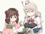  book breasts brown_eyes brown_hair drill_hair grey_hair harukaze_(kantai_collection) japanese_clothes kantai_collection kimono large_breasts long_hair meiji_schoolgirl_uniform multiple_girls paper pola_(kantai_collection) red_eyes souji spill twin_drills 