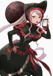  bonnet cellphone dress gothic_lolita grey_hair hand_on_hip highres lolita_fashion long_hair looking_at_viewer nail_polish open_mouth overlord_(maruyama) phone red_eyes red_nails shalltear_bloodfallen sharp_teeth simple_background smartphone so-bin solo teeth white_background 