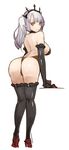  ass bare_back bare_shoulders black_gloves black_legwear breasts elbow_gloves gloves high_heels large_breasts long_hair looking_at_viewer looking_back original pupps sideboob silver_hair simple_background solo thighhighs twintails white_background yellow_eyes 