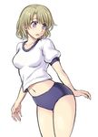  bad_id bad_nicoseiga_id blonde_hair buruma gym_uniform ijima_yuu looking_back midriff navel open_mouth original purple_eyes short_hair solo 