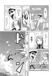  1girl absurdres admiral_(kantai_collection) birii calling carrying closed_eyes comic defenestration explosion greyscale highres kantai_collection monochrome running samidare_(kantai_collection) shouting translated 