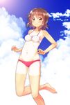  1girl absurdres barefoot bikini blush breasts brown_eyes brown_hair cameltoe cleavage cloud commentary_request day groin highres leg_up looking_at_viewer navel odagiri_futaba one-piece_tan sansha_san'you short_hair shorts_tan sky small_breasts smile solo swimsuit tan tanlines uneune 