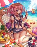  adjusting_hair ahoge apple armband armlet ball banana bangs bare_shoulders basket beach beach_chair beach_umbrella beach_volleyball beachball bird black_flower blonde_hair blue_sky blush bow bracelet breasts cleavage cloud coconut collarbone company_name crab crown day drinking_straw earrings eikou_no_guardian_battle eyepatch eyewear_removed feeding fire flower food frills fruit fruit_cup grapes hair_ornament hair_ribbon heart hibiscus high_heels highres innertube jewelry madogawa medium_breasts midriff monster multiple_girls nail_polish navel necklace ocean official_art open_mouth original outdoors pendant pineapple pink_eyes pink_hair pink_nails ribbon sand sandals sandals_removed seashell shell shoes_removed short_hair short_sleeves sitting sky sleeveless starfish sunglasses tiara umbrella 