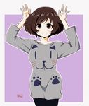  akiyama_yukari animal_print artist_name bangs blush brown_eyes brown_hair casual cat_print cowboy_shot girls_und_panzer long_sleeves looking_at_viewer messy_hair mitsuki_(mitsukitei) pants paw_print print_shirt purple_background shirt signature smile solo standing t-shirt 