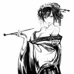  bare_shoulders breasts cleavage comb furin-shi greyscale hair_ornament hair_stick holding holding_pipe japanese_clothes kimono kiseru large_breasts lipstick long_hair looking_to_the_side makeup monochrome off_shoulder pipe simple_background solo white_background yuujo 