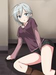  :o anastasia_(idolmaster) bangs between_legs blue_eyes blush boots brown_footwear collarbone earrings idolmaster idolmaster_cinderella_girls jewelry kakura_yoshiki long_sleeves necklace open_mouth purple_shirt shirt short_hair short_over_long_sleeves short_sleeves shorts silver_hair solo 