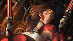  21yc_(september_breeze) artist_name bow breasts brown_eyes brown_hair cable close-up collarbone covered_nipples dual_wielding gun highres holding indoors koutetsujou_no_kabaneri lips looking_at_viewer looking_to_the_side medium_breasts mumei_(kabaneri) pipes ribbon short_hair sideboob solo steampunk upper_body valve weapon 