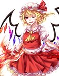  absurdres ascot bad_id bad_pixiv_id bangs blonde_hair blood blood_on_face bloody_hands cowboy_shot cropped_vest eyelashes fire flame flandre_scarlet frilled_shirt_collar frilled_skirt frills hair_between_eyes hat highres holding holding_weapon laevatein looking_at_viewer miniskirt mob_cap one_eye_closed open_mouth petticoat red_eyes red_skirt red_vest sheya shirt short_hair short_sleeves simple_background skirt skirt_set solo teeth tongue touhou vest weapon white_background white_shirt wings wrist_cuffs 