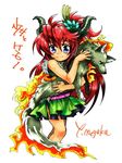  animal artist_name blue_eyes creature fire flame flame_aura flower fur_trim green_skirt hair_flower hair_ornament holding holding_animal horns hug long_hair megaka_yui original ponytail red_hair signature skirt smile solo_focus translated white_background 