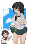  abenattou bangs black_eyes black_hair blouse blush brown_eyes brown_hair caesar_(girls_und_panzer) cloud cloudy_sky cowboy_shot day girls_und_panzer glasses green_skirt holding long_sleeves looking_at_viewer messy_hair miniskirt multiple_girls neckerchief no_bra o_o ooarai_school_uniform oryou_(girls_und_panzer) pleated_skirt red-framed_eyewear red_scarf scarf school_uniform semi-rimless_eyewear serafuku shirt short_hair short_ponytail skirt skirt_hold sky smile standing super_soaker sweatdrop translated under-rim_eyewear wet wet_clothes wet_shirt white_blouse 