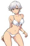  ass_visible_through_thighs bad_id bad_nicoseiga_id bikini blush bracelet breasts contrapposto elf front-tie_top ijima_yuu jewelry medium_breasts navel open_mouth original pointy_ears short_hair silver_hair simple_background solo standing swimsuit white_background white_bikini yellow_eyes 