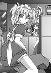  apron comic commentary coru covering_face cowgirl_position cuey_c_lops cyclops dark_skin flying_sweatdrops greyscale gun handgun heart heart-shaped_pupils highres looking_at_viewer maid maid_apron maid_headdress mifilinah_jegell monochrome multiple_girls one-eyed original pink_(rakurakutei_ramen) pistol puffy_short_sleeves puffy_sleeves rakurakutei_ramen shelf short_sleeves sig_sauer sig_sauer_p228 straddling suppressor symbol-shaped_pupils thighhighs twintails weapon 