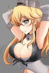  absurdres armpits arms_up blonde_hair blue_eyes breasts cleavage grey_background highres iowa_(kantai_collection) kantai_collection large_breasts long_hair navel nishi_koutarou simple_background solo star star-shaped_pupils symbol-shaped_pupils upper_body 