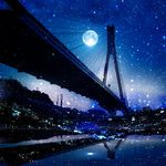  bridge building dark fisheye full_moon light_particles moon night night_sky no_humans original power_lines reflection scenery sky star_(sky) telephone_pole water zonomaru 