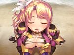  areolae beach black_gloves blush breasts cum cum_in_mouth cum_on_breasts eyes_closed feathers female gloves hair_ornament kneeling large_breasts niina_(senden_no_shugo_kishi_niina) nipples open_mouth parthenon_(company) senden_no_shugo_kishi_niina side_ponytail solo sweat tears tongue tongue_out torn_clothes torn_gloves water 