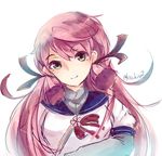  1girl akashi_(kancolle) bad_id bad_pixiv_id green_eyes hair_ribbon kantai_collection kiuzu_(ko_kiu2) long_hair looking_at_viewer pink_hair ribbon school_uniform serafuku smile solo tress_ribbon upper_body 
