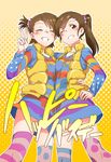  arm_around_waist brown_eyes brown_hair closed_eyes futami_ami futami_mami grin hair_bobbles hair_ornament hair_scrunchie happy_birthday highres idolmaster idolmaster_(classic) looking_at_viewer mismatched_legwear momo_no_suidou-sui multicolored multicolored_stripes multiple_girls one_eye_closed polka_dot polka_dot_legwear print_shirt scrunchie shirt siblings side_ponytail sisters skirt smile star star_print striped striped_legwear striped_shirt thighhighs translated twins v vest 