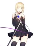  absurdres artoria_pendragon_(all) black_dress black_legwear blonde_hair collar collarbone detached_sleeves dress fate/stay_night fate_(series) highres holding holding_microphone horz microphone saber_alter simple_background solo thighhighs white_background yellow_eyes 