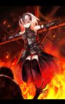  1girl ahoge armor armored_dress black_gloves black_legwear burning_at_the_stake caster_(fate/zero) closed_eyes crucifixion fate/grand_order fate/zero fate_(series) fire gloves hair_ornament highres jeanne_d'arc_(alter)_(fate) jeanne_d'arc_(fate)_(all) silver_hair thighhighs yuge_(yuge_bakuhatsu) 