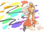  ascot blonde_hair dated dress flandre_scarlet from_above hair_between_eyes hat head_tilt looking_at_viewer mary_janes mob_cap numa_(minus_4k) open_mouth puffy_short_sleeves puffy_sleeves red_dress red_eyes shirt shoes short_sleeves sitting sketch solo touhou white_shirt wrist_cuffs 