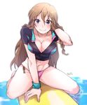  bikini bikini_bottom blue_eyes blush bracelet braid breasts brown_hair idolmaster ilhi kousaka_umi long_hair navel side-tie_bikini smile solo surfboard swimsuit twin_braids unzipped water wet 