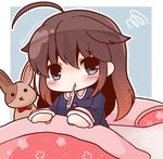  ahoge alternate_costume blanket bloom2425 blush chibi hair_flaps kantai_collection long_hair long_sleeves pajamas pillow remodel_(kantai_collection) shigure_(kantai_collection) sick solo squiggle stuffed_animal stuffed_bunny stuffed_toy thermometer twitter_username under_covers 