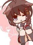  ahoge black_serafuku bloom2425 blue_eyes blush_stickers braid brown_hair chibi finger_to_mouth fingerless_gloves gloves hair_flaps kantai_collection neckerchief one_eye_closed red_neckwear remodel_(kantai_collection) school_uniform serafuku shigure_(kantai_collection) single_braid sitting smile solo 