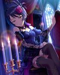  alternate_costume artist_request black_dress black_eyes black_legwear blue_hair candle dress flower hair_flower hair_ornament idolmaster idolmaster_cinderella_girls jewelry nail_polish necklace official_art short_hair solo thighhighs wakui_rumi 